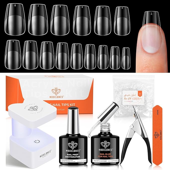modelones X Nail Gel Kit Short Coffin, Upgrade 510Pcs Fake Nails 15Sizes, 9-in-One Glue Prep Dehydrator & Mini U V Light Clipper, Pre-shaped Half Matte Press on Short Coffin Tips for DIY Salon