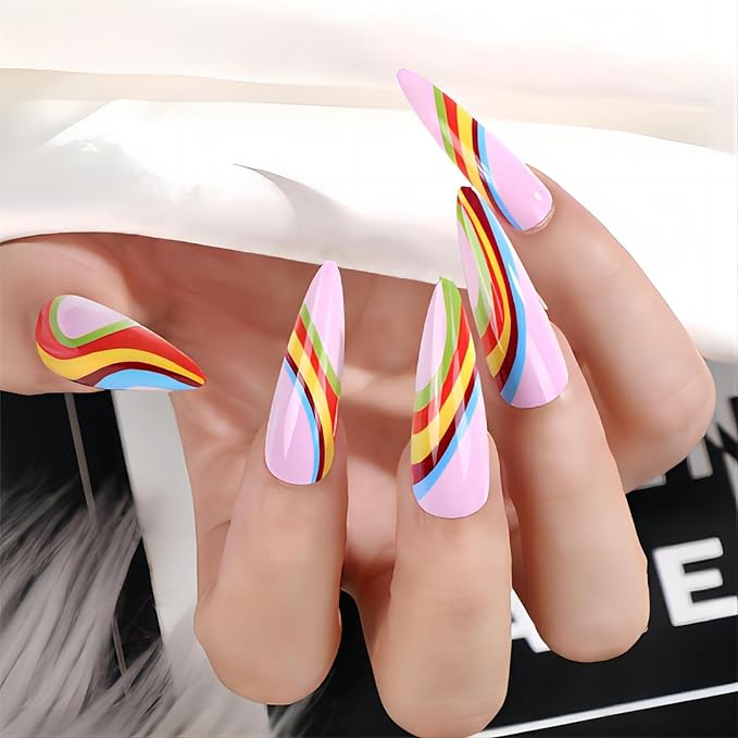 Fall Long Almond Tip Press on Nails xl Stiletto Shape Nails Press Ons Colorful Design Fake Nails Full Cover Glossy Acrylic False Nails Gift for Wemons 24pcs