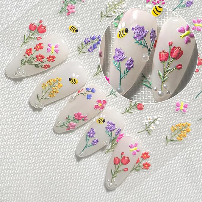 Flower Nail Stickers Elegant Art Floral Nail Decals Charms 3D Self-Adhesive Bouquet DIY Date Spring Summer Nail Supplies Manicure for Nail Decorations 3 Sheet