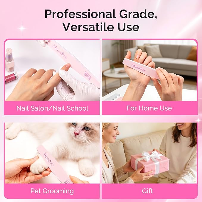 MelodySusie Nail File Kit, 10Pcs Double Sided 100/180 Grit Mixed-Shapee Emery Boards for Nails, Professional Manicure Pedicure Supplies for Home and Salon Use, Pink