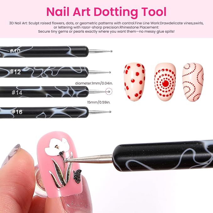 French Nail Brush Set, 4Pcs 2 Way Dotting Tool and French Tip Brushes Gel Acrylic Nail Art Design Pen Professional Manicure Tool Nail Clean Up Brush For Detailed Design, Size 10#,12#, 14#, 16#