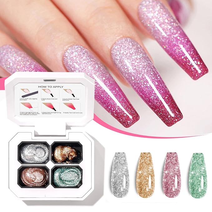 Finger Secret 4 Colors Ombre Gel Nail Polish,Glitter Ombre Pigment Palette Pat Painting Gradient Blooming Gel with 20Pcs Nail Sponges for Nail Painting Gel Nail Art in Salon or Home Use (k5)