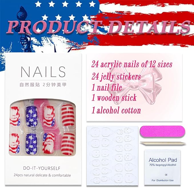 4th of July Press on Nails Medium Square America Flag Fake Nails Bald Eagle False Nails with Designs Full Cover Glossy Glue on Nails Acrylic Nails Manicure Artificial Nails for Women Girls 24Pcs