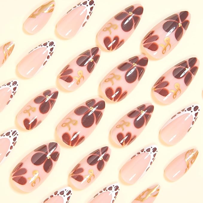 Leopard Print French Tip Press on Nails Medium Almond Fake Nails Brown Flower Nails Press Ons Fall Glossy False Nails Nude Glue on Nail Gold Line Stick on Nail for Women Decoration Set 24Pcs