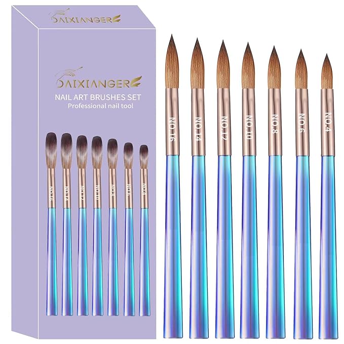 7Pcs Acrylic Nail Art Brush Set -Size 4/6/8/10/12/14/16,Gradient Blue Handle Nail Brushes for Acrylic Application Powder & Nail Extension, 3D Nail Carving Tools for DIY Home Salon