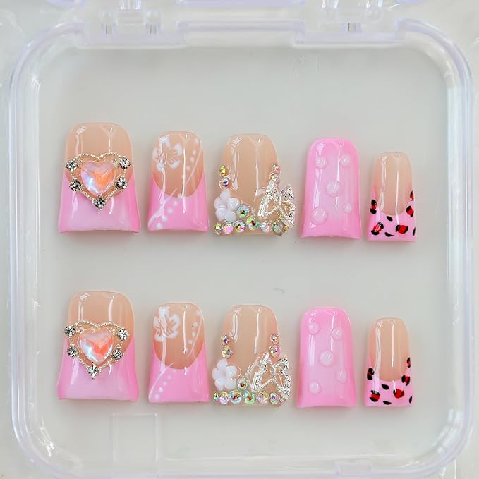 10Pcs Pink Handmade Press on Nails Duck Fake Nails French Tip False Nails with 3D Heart Butterfly Rhinestone Design Handmade Acrylic Nails Press ons Medium Reusable Stick on Nail for Women (S)