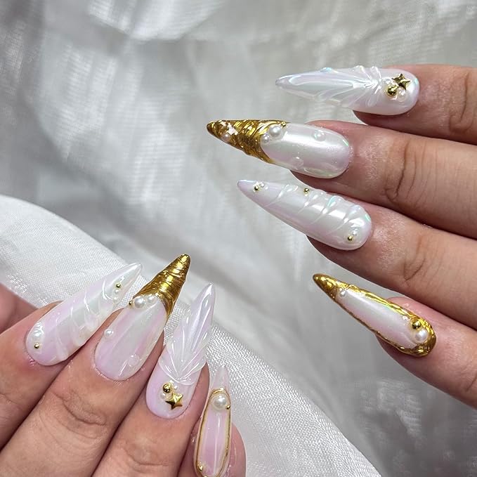Luxury Handmade Press On Nails, Gold French Tip Long Almond Fake Nails for Women,Minimalist Metallic False Nails, Reusable Salon Quality Multilayer Gel Acrylic Fake Nails.