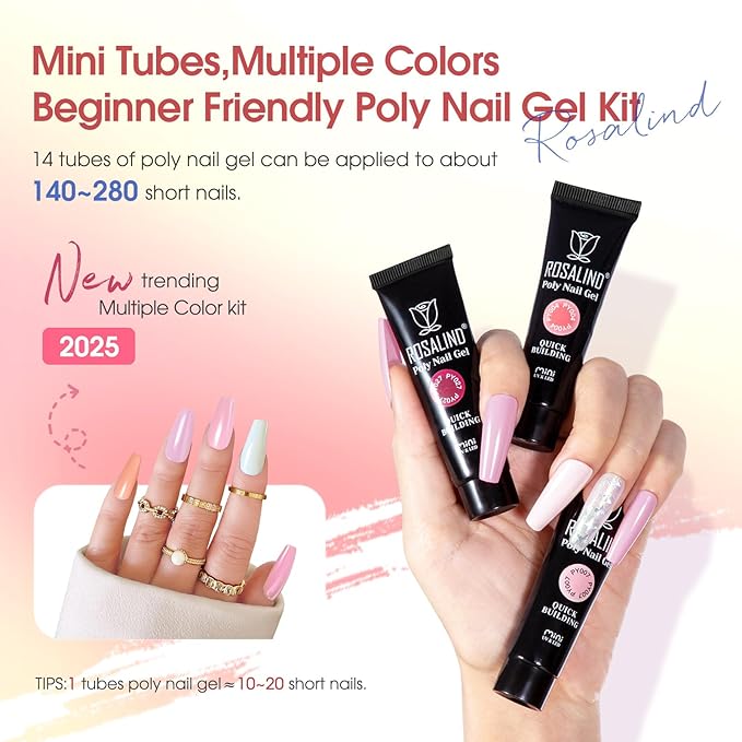 Poly Nail Gel Starter Kit with Drill -14 Colors + 75 Nails Art Accessories Kits, ROSALIND Nue Clear Poly Extension Gel with Big UV Light 48W and Electric Nail Drill Starter Kit with Everything