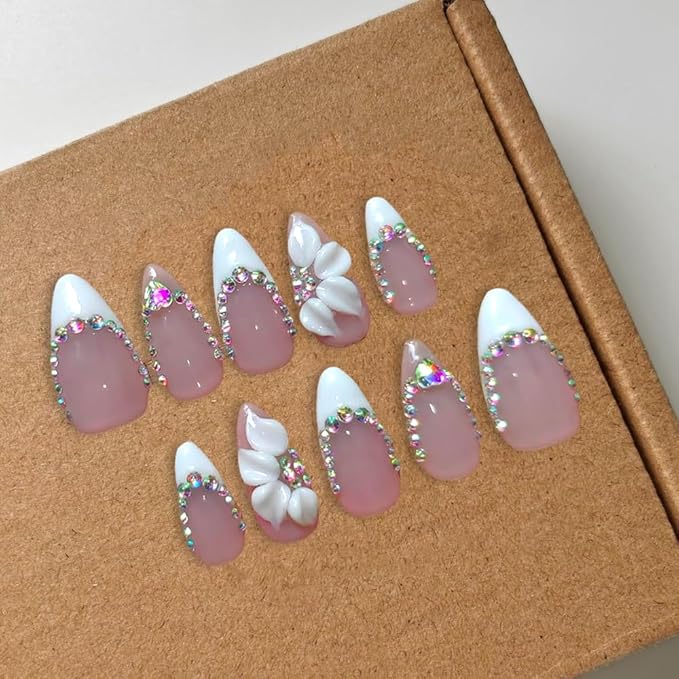 10 Pcs Flower Handmade Press on Nails Almond Shape Luxury Medium Hand Made Nails with Design Flower Artificial Stick on Nails French Tip False Nail for Women (M)