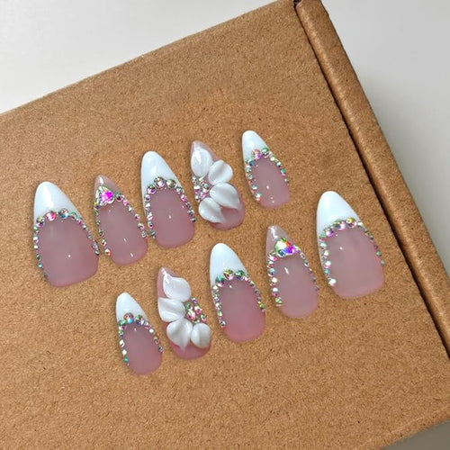 10 Pcs Flower Handmade Press on Nails Almond Shape Luxury Medium Hand Made Nails with Design Flower Artificial Stick on Nails French Tip False Nail for Women (M)