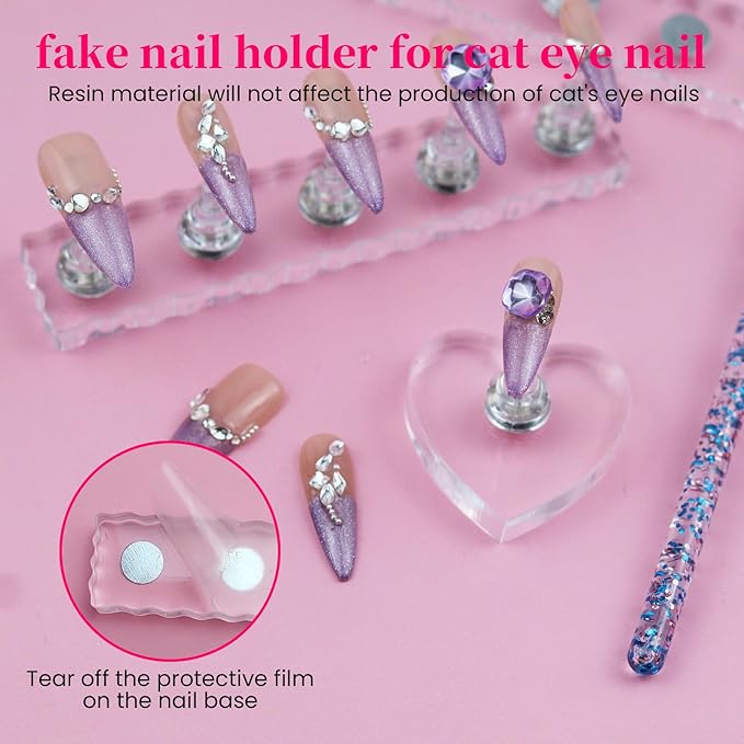 Nail Stand For Press Ons Extra-high Tip Holder For Painting Art Magnetic Acrylic Fake Nail Display Practice, Heart Shape with 200 PCS Double Sided Tape, Nail Supplies For Beginners Home Salon