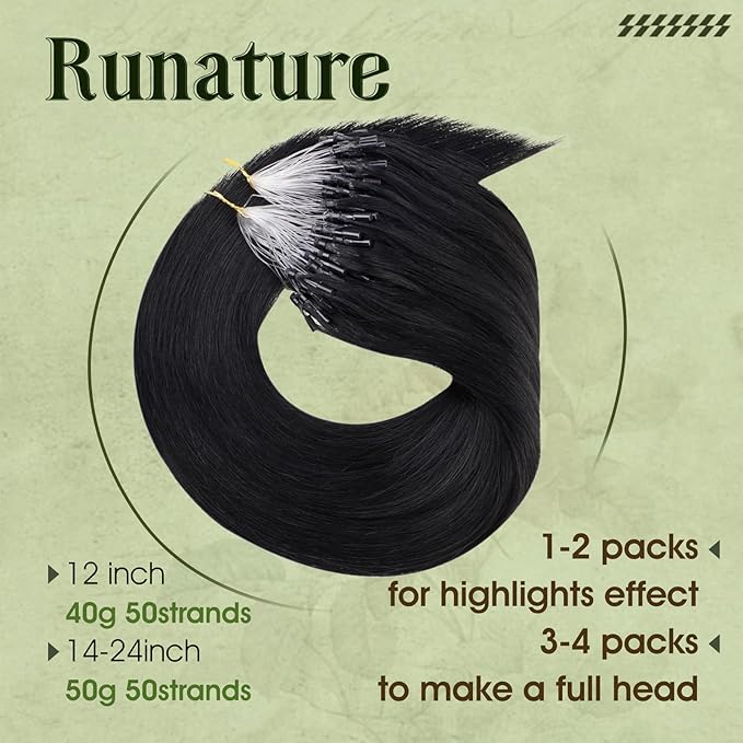 RUNATURE Black Micro Beads Hair Extensions Real Human Hair Black Microlink Hair Extensions Human Hair Cold Fusion Full Ends Straight 16 Inch 50g 50s