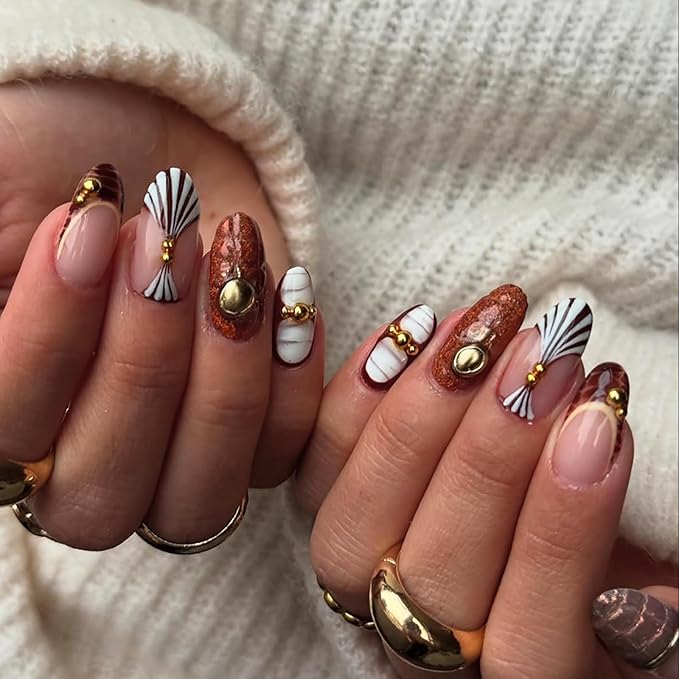 Press on Nails Short Oval MABKJLF Fake Nails False Nails with Tortie Designs Fall Winter Glossy Glue on Nail Brown Acrylic Nails for Women Girls 24Pcs