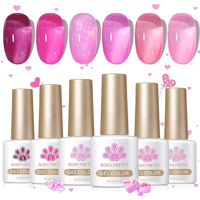 Born Pretty Jelly Pink Gel Nail Polish Milky Translucent Hot Pink Gel Polish Spring Summer Valentine's Day Gift Sheer Gel Polish Kit for Salon Manicure and Nail Art DIY at Home