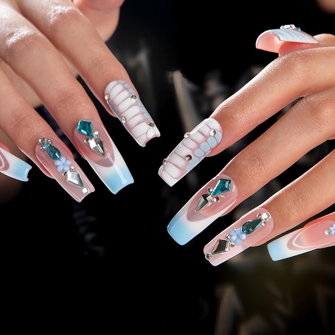LOVFUL Short French Tip Press on Nails Glacier Jewel | Handmade Acrylic Press ons| Reusable Fake False Nails | Square Classic Regular 1.3in | H738-L