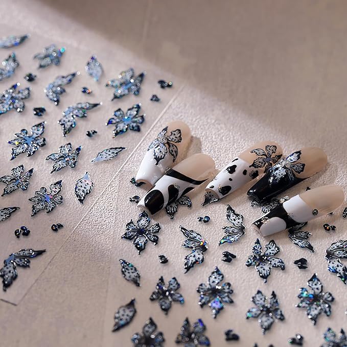 1 Sheets Embossed Flower Nail Stickers For Nail Art Holographic Laser Spring Flowers Nail Decals Black Blue Floral Nail Decor 5D Self-Adhesive Spring Butterfly Nail Art Stickers for Women Nails Design
