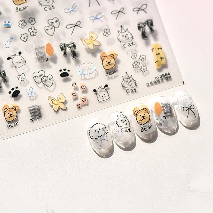 Dedyel 5D Embossed Cute Dog Nail Art Stickers Cartoon Kawaii Design Anime Self Adhesive Nail Stickers for Women Kids Girls Nails Art Decorations