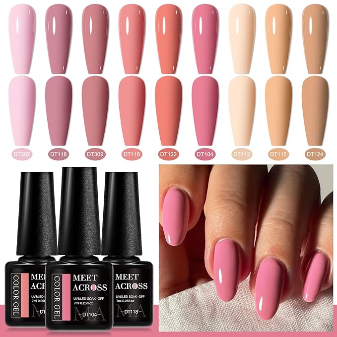 MEET ACROSS 12pcs Gel Nail Polish Set,Soak Off UV LED Lamp Gel Nail Polish Kit,Fashion Shimmer Nail Art Design Gifts for Women Manicure Salon (Milky tea)