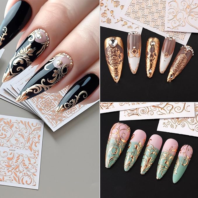 30 Sheets Rose Gold Nail Art Stickers Decals, 3D Baroque Floral Design Self Adhesive Nail stickers, Gold Line Nail Art Decals for Acrylic Nails Women and Girls Nail DIY Supplies Decoration Accessories