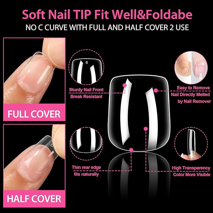 UNA GELLA Extra Short Square Nail Tips XS Short Square Gel Tips 216pcs Press On Nails Full Cover 12 Sizes Clear Fake Nails Extension for Home DIY Nail Salon Soft Gel Tips