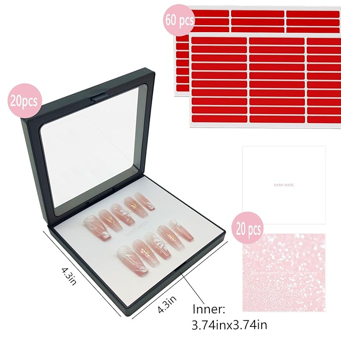 Press On Nail Packaging Boxes - 3D Floating Storage and Display Box With 60pcs Double Sided Adhesive Tape for Nail Tech (Black, 4.3 Inch)