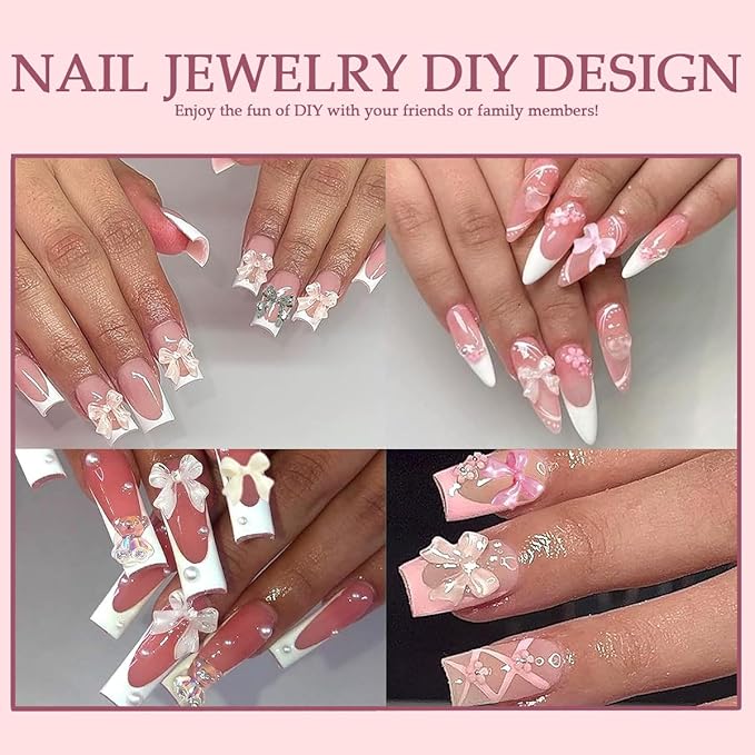 Bow Nail Charms and Gems Kit, 3D Color Kawaii Bow Nail Art Charms Gold Hollow Butterfly Charms Set for Nails Accessories DIY Decoration with Pickup Tools