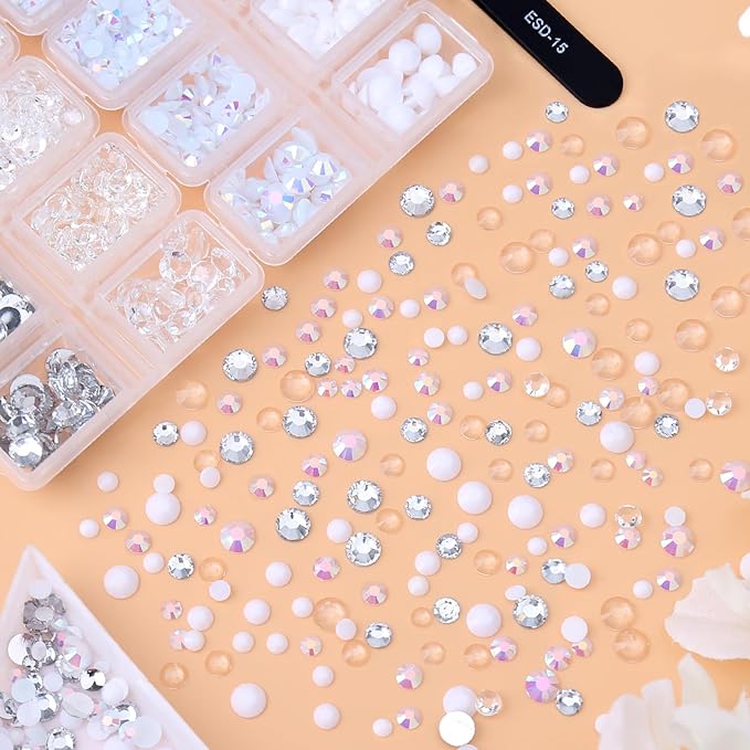 15000PCs 2-6MM White Series Resin Flat Back Rhinestones, Round Non Hotfix Jelly & Silver Bottom Resin Rhinestones Nail Gems Stones with Tweezer & Picker Pen for Nail Art Tumblers & DIY Crafts