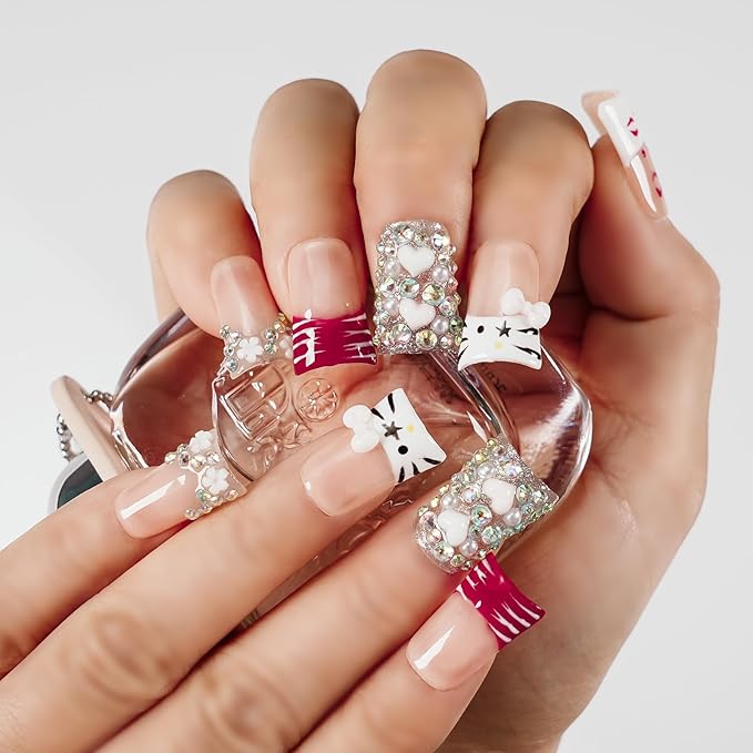 Handmade Press on Nails Short Duck Kawaii Red French Tips, 3D White Bow & Heart Charms, Luxury Bling Rhinestone False Nails, Reusable Full Cover for Nail Art (Cute Kitty Sweet Glam,L)