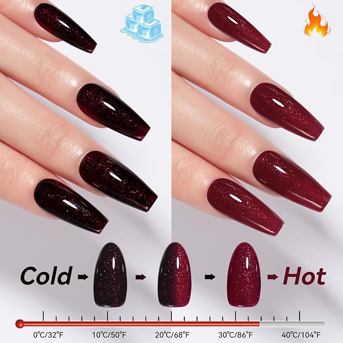 MAYCHAO 15ML Color Changing Gel Nail Polish 1Pc Burgundy Red Shimmer Mood Temperature Change Halloween Gel Polish Soak Off Ombre Thermal UV Nail Polish Nail Art Manicure DIY at Home, 0.5 OZ