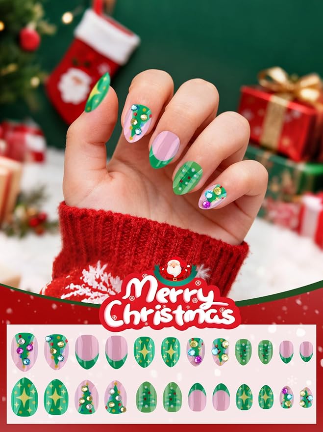 EBANKU Christmas Kid Press on Nails, 72Pcs Almond Fake Nails Kit Full Cover Christmas Tree Design Stick on Nail with Nail Glue for Girl