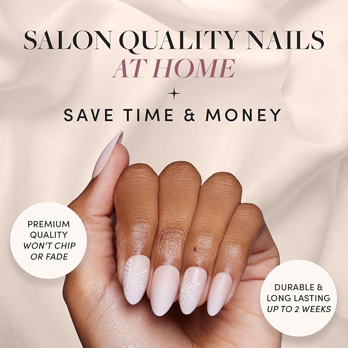 Glamnetic Press On Nails - Snowdrift | Opaque Gradient Ombre & Snowflake Graphic Short Almond Fake Nails in a Matte Finish, Salon Quality | 15 Sizes - 30 Nail Kit
