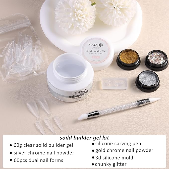 Solid Builder Gel - 60g Non-Sticky Hand Hard Gel for Nails With Dual Forms, 3D Sculpture Carving Modeling Design Extension Kit, Clear Salon Supplies