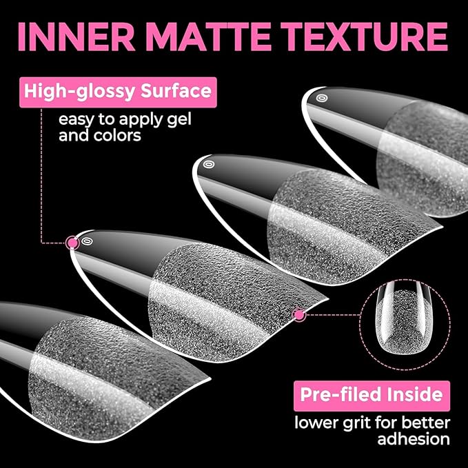Gel Nail Tips Shape, 550 Pcs Half Matte Pre-Etched Press On False Nails, Full Cover Acrylic Nail Tips Kit for Nail Extensions, DIY Salon Nails. (Medium Almond, Clear)
