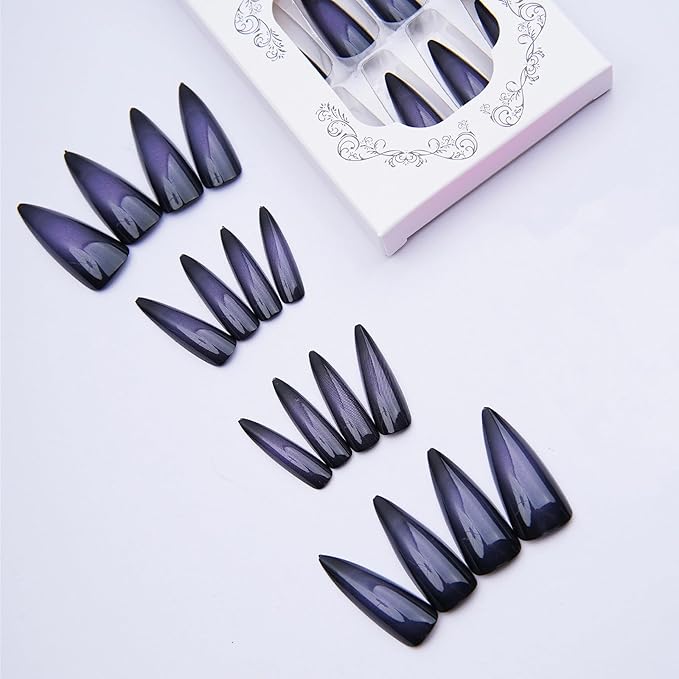 MISUD Press on Nails - Long Stiletto Fake Nails with Goth Black Purple, Acrylic Gothic Ombre Design 24 pcs