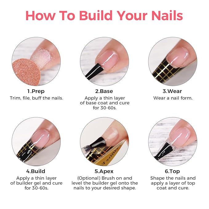 Builder Gel for Nails, 60g Nude Hard Gel for Nail Extension with 10 Nail Forms, Strengthener & Thickening, UV LED Lamp Cured Sculpture, Repair Broken Nails, Salon DIY Manicure Kit