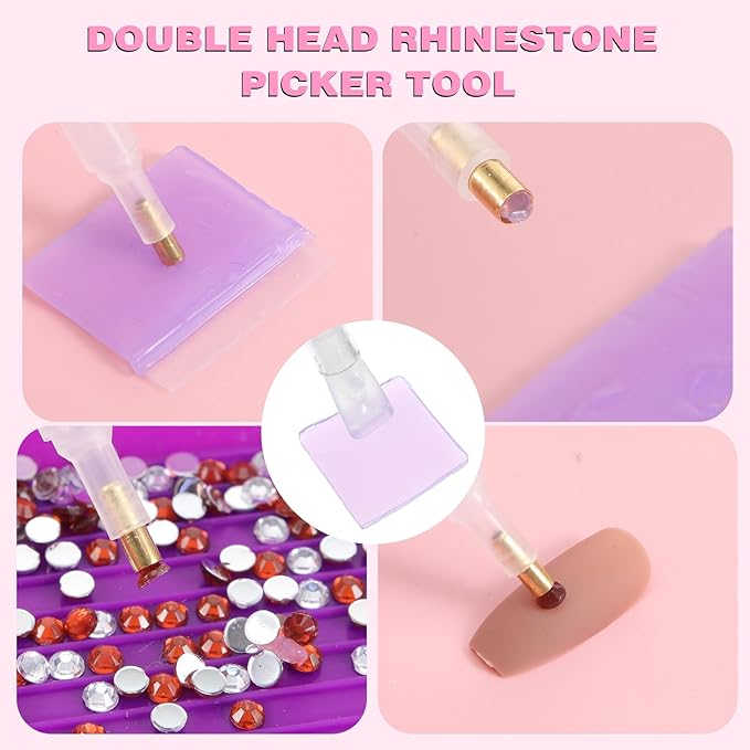 Rhinestone Pickup Tool Set: 2 Pcs Rhinestone Picker Handles Dual-Ended Rhinestones Applicator Dotting Tool Pen Shiny Diamond Dot Drill Pen for DIY Home Nail Salon