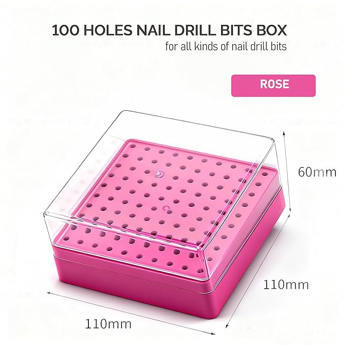 2 in 1 Nail Drill Bit Holder , 100 Holes Nail Drill Bits Organizer Display Stand Container Box, Manicure Drill Cleaning Brush, Professional Box Container for Manicure Tools ( Large)