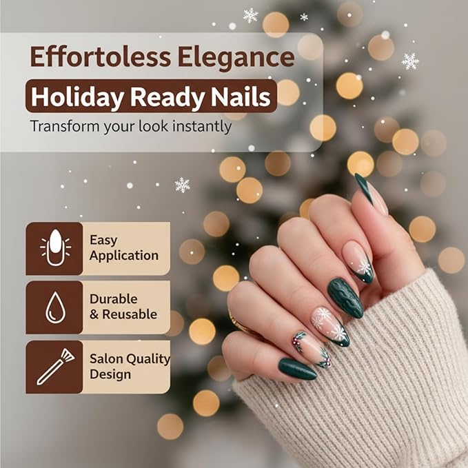 Press On Nails Almond Christmas, French Tip Press on Nails Short, Glue On Nails for Women Gift, Supremely Fit Natural Reusable Stick On Nails in 12 Sizes -24 Fake Nails Kit, French Dark Green