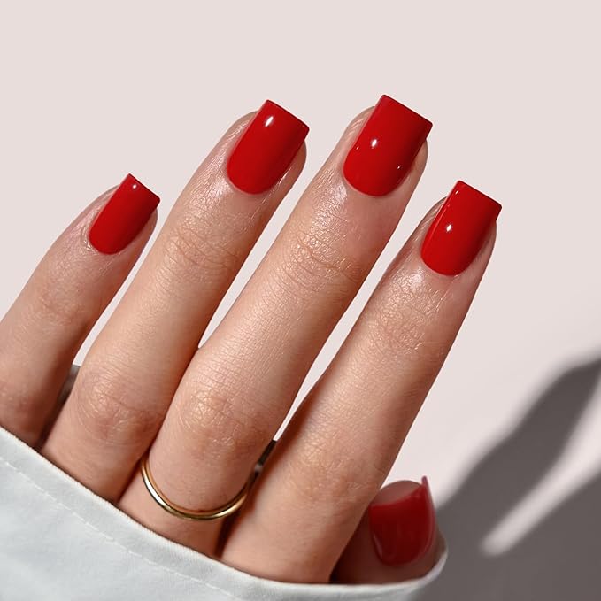 BTArtbox Press On Nails Short - Red Square Valentines Press On Nails with Glue for Women, Opaque Soft Gel Glue On Nails in 16 Sizes - 32 Stick On Nails Kit, Hot Lap