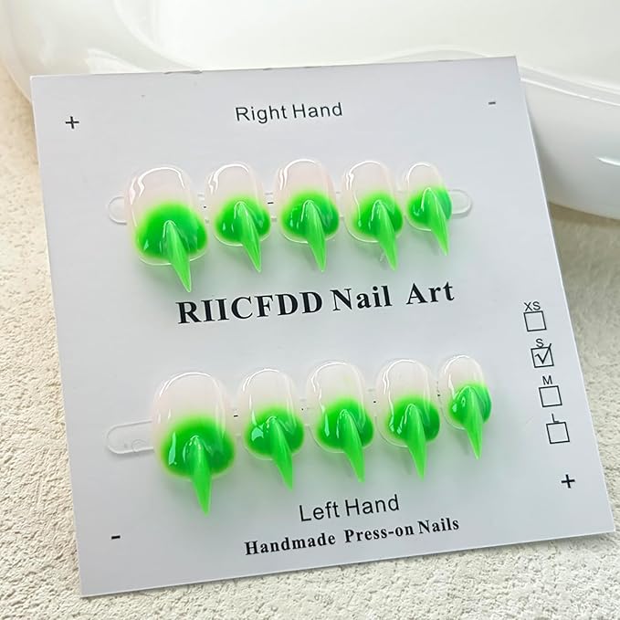 10 Pcs Cat Claw Press on Nails Medium Curved Stiletto False Nails Luxury 3D Green French Tip Cat Claw Handmade Fake Nails Unique Thick Gradient Designs Glossy Acrylic Glue on Nail (S)