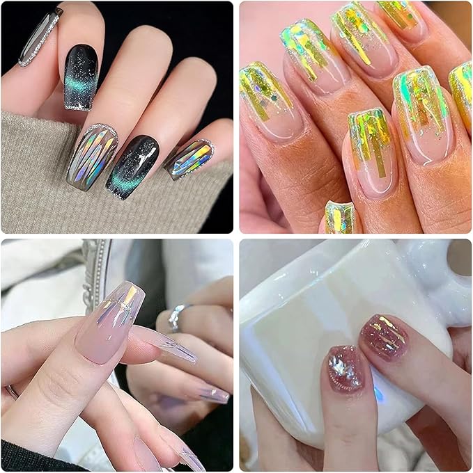 SILPECWEE 12 Boxes Glass Nail Foil Cellophane Aurora Nail Art Foil Sheets Glass Paper Laser Nail Stickers Iridescent Nail Designs Stickers Holographic Nail Film 3D Nail Decoration