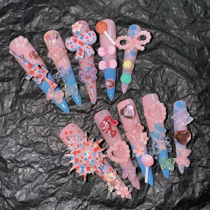 10Pcs(1Pack) Handmade Press On Nails 3D Flower Nails Cute Catoon Sparkle Nails for Women Party Holiday Daily Wear Size M