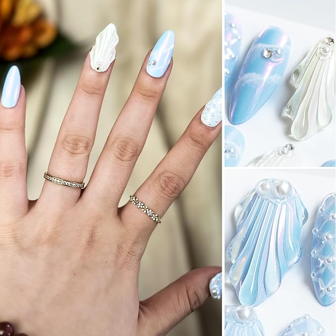 Sun&Beam Nails Handmade Press On Nail Medium Long Almond Oval Pink White Pearl Shell Fake Tip 3D Design Art Charms Cute with Storage Box 10 Pcs (#028 L)