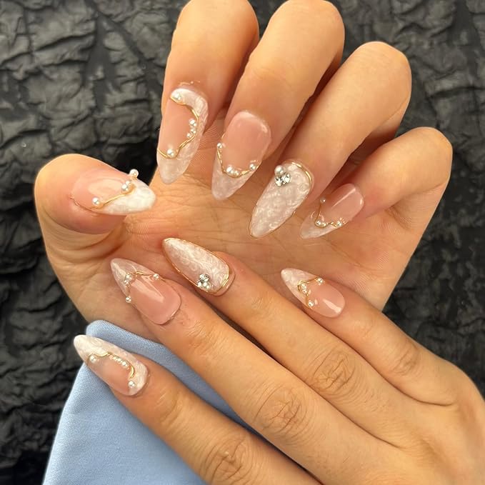 10Pcs Handmade Press On Nails Short Almond,Nude Pink Acrylic Nails,Luxury Nail Press On with Charm Pearl Design for Wedding&Party Wear-True Love Design Concept