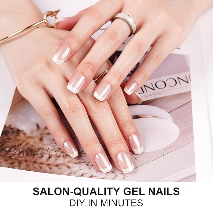 DANNI & TONI Semi Cured Gel Nail Strips Classic French (Lily Grace) Shiny French Tip Gel Nail Wraps UV Led Nails 28 Stickers