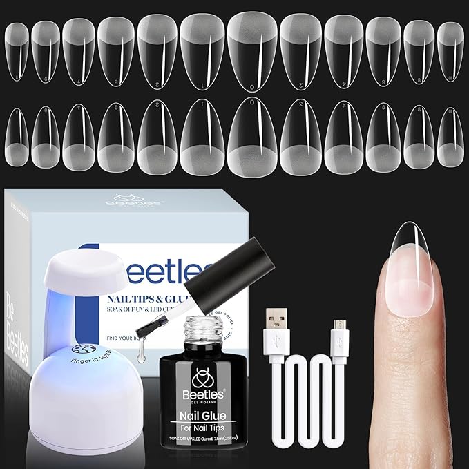 Beetles Gel Nail Kit Etch-X- Almond Short, 504pcs 12 Sizes, with 9 in 1 Nail Glue Mini Lamp, Pre-Etched Half Matte Acrylic Nail Kit for Home DIY Nail Extension Set, Halloween Christmas Gift for Women