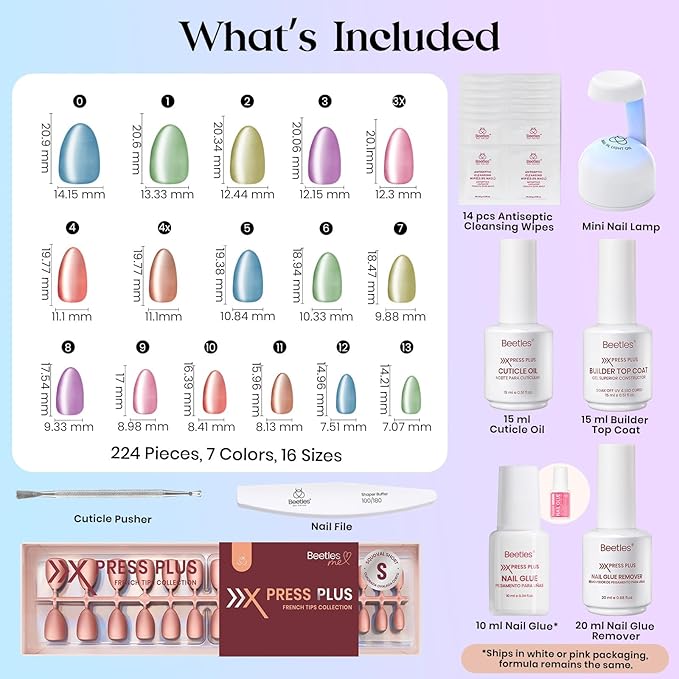 Beetles X Press Gel Nails Kit - Soda Aurora | 7 Colors Spring Cat Eye Press On Nails Short Almond | 224Pcs 16 Sizes All-in-One Kit With Nail Glue,Remover,Builder Top Coat,Nail Lamp Gift