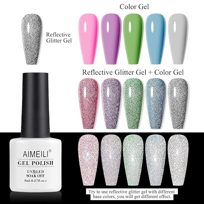 AIMEILI Reflective Gel Nail Polish Soak Off Reflective Glitter Gel Polish Holographic Diamond Glitter Nail Polish Kit Set of 12pcs X 8ml - Kit Set 7