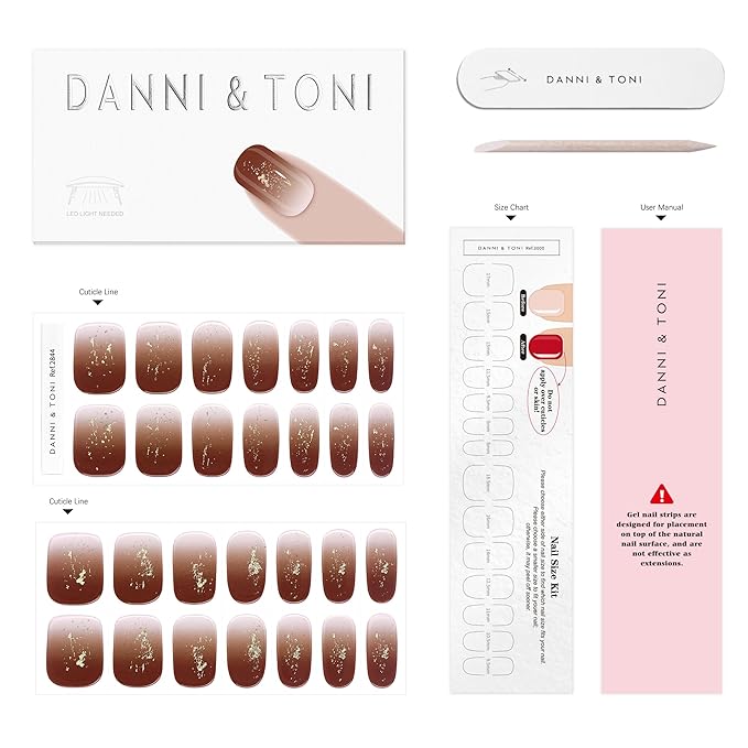 DANNI & TONI Semi Cured Gel Nail Strips Reddish Brown Gradient Gold Foil Gel Nail Wraps 28 Stickers | Golden Ember