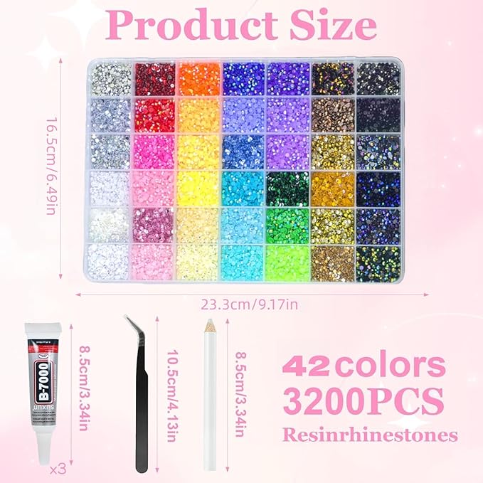 42 Colors 32000Pcs Jelly Resin Rhinestones for Bedazzling, 3mm Multicolor Flatback Gems for Crafting, Bedazzler Kit with Tweezers Pen 3Pcs B7000 Glue for Clothes Book Shoes Nails Art Makeup